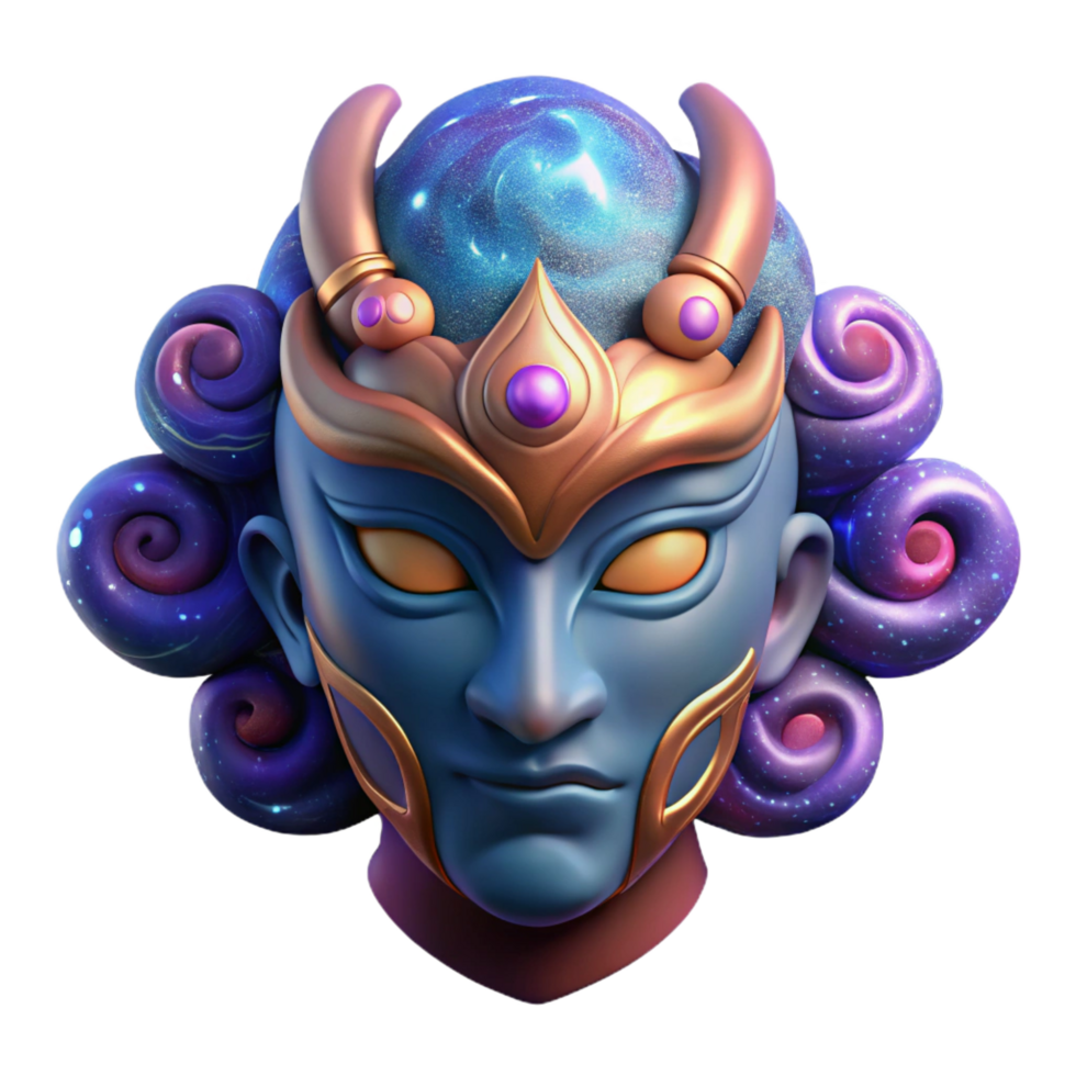 dramatic passionate artistic Hyper-specific, professional render, isolated cutout of a single, stylized, cosmic deity mask with swirling nebula patterns with Transparent Background luxury png