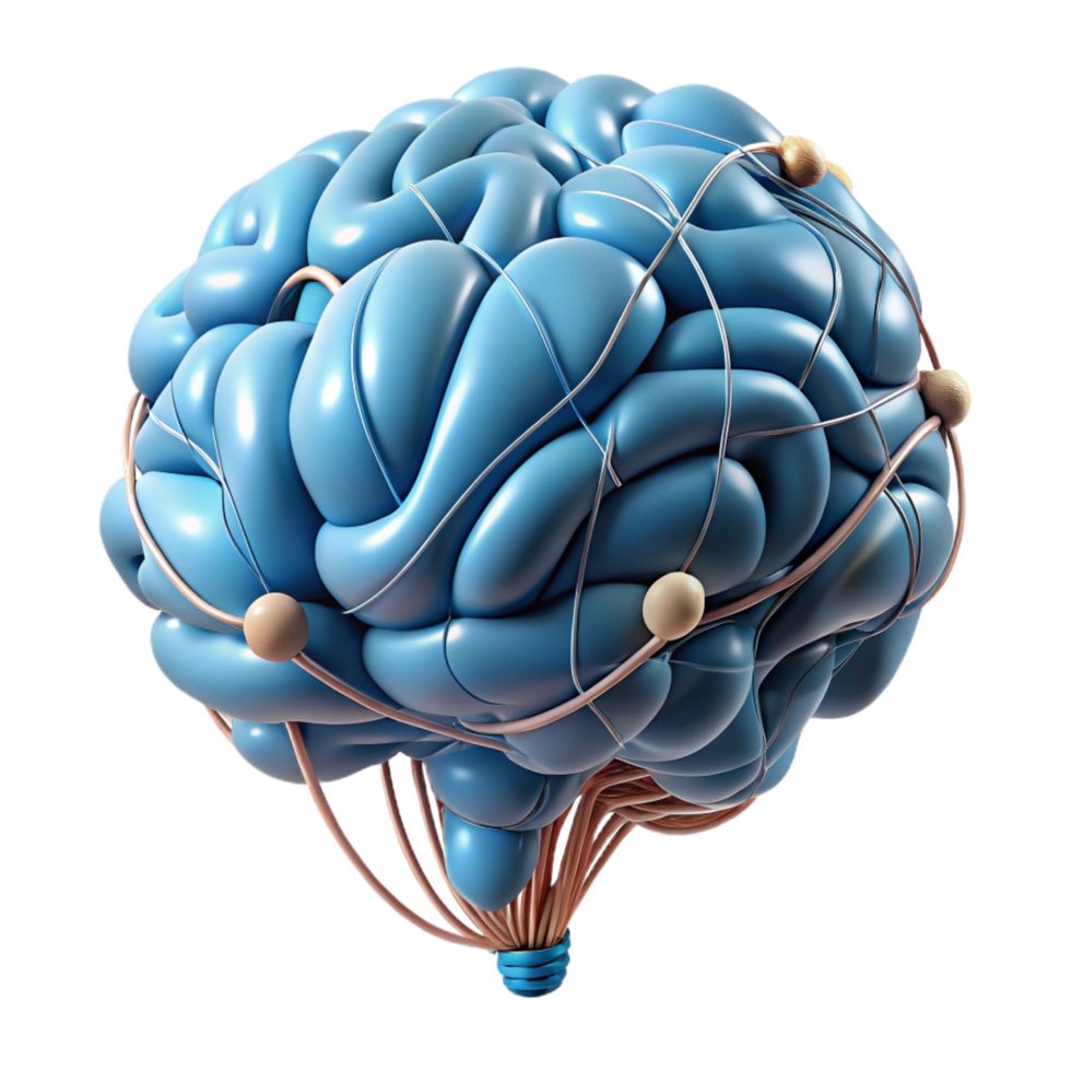 whimsical glorious Isolated cutout, ultra-detailed concept art style rendering of a single, stylized human brain made of wires with Transparent Background genuine png