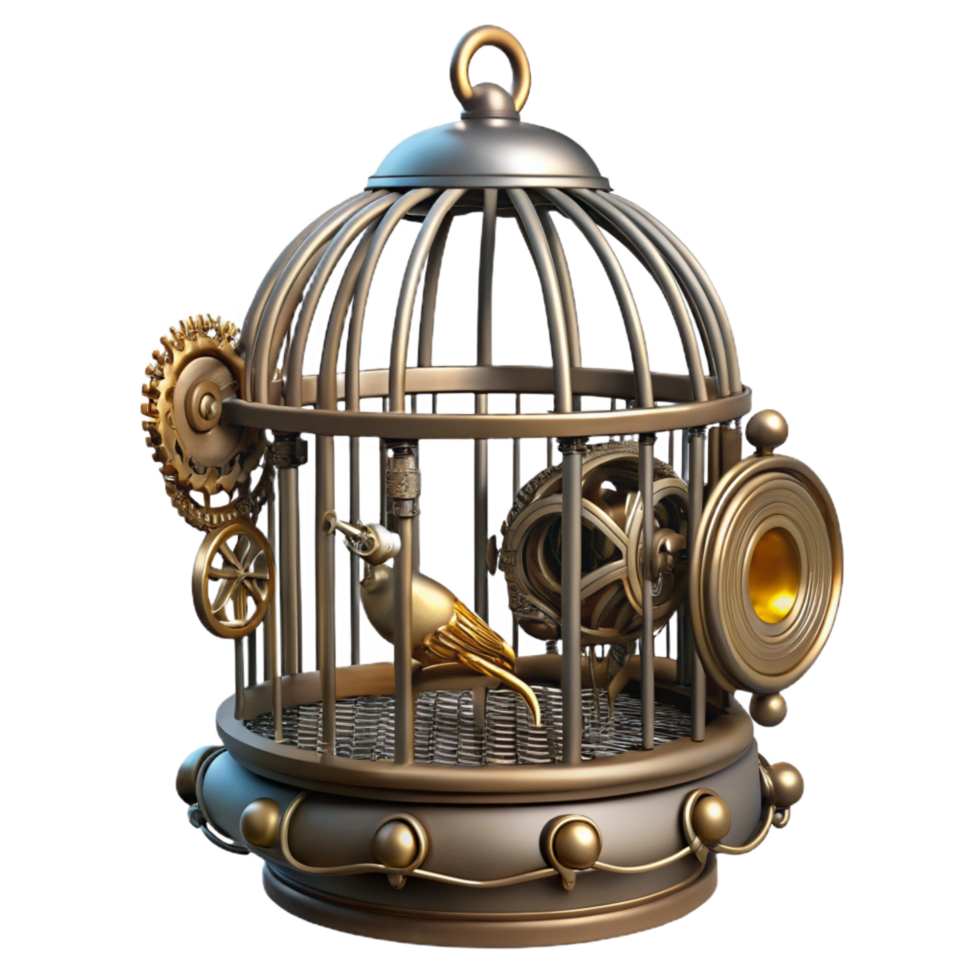 serene bohemian Steampunk birdcage with intricate metalwork and a clockwork bird with Transparent Background detailed png