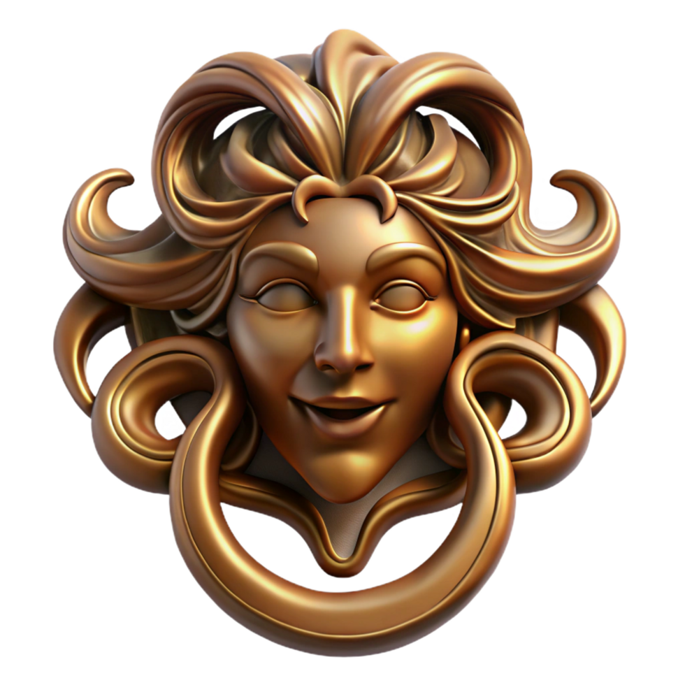 hypnotic playful retro Isolated cutout, hyper-specific, concept art style of an Art Nouveau door knocker, brass, stylized face with flowing hair with Transparent Background ultra HD png