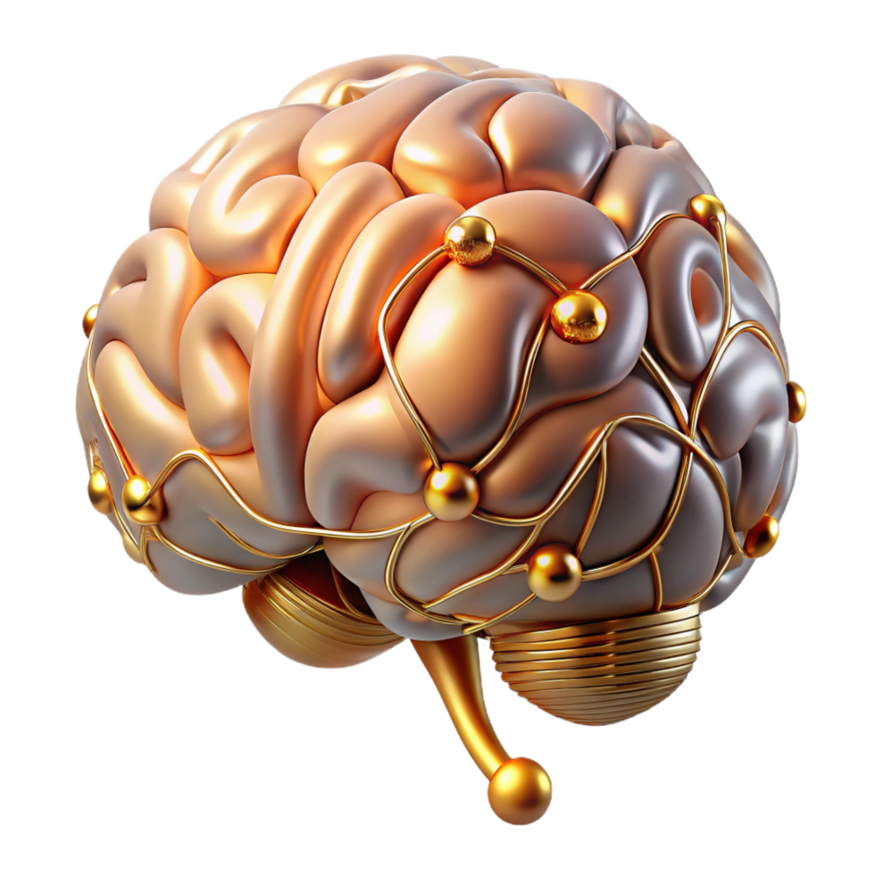 striking dynamic mid-century Hyper-specific photorealistic biomechanical brain, neural network exposed, glowing synapses, platinum and gold, isolated cutout with Transparent Background 8K png
