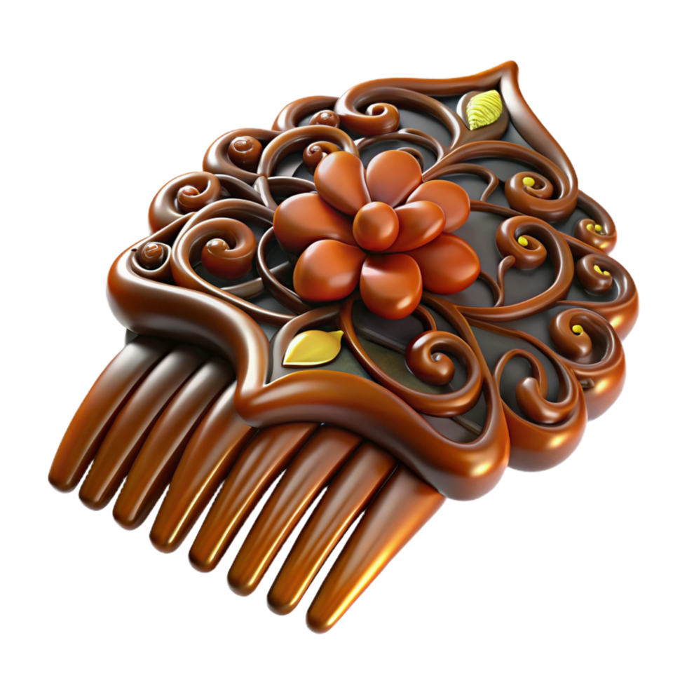 pristine urban Isolated cutout, hyper-specific, concept art style of an Art Nouveau hair comb, tortoise shell material, intricate floral carving with Transparent Background 8K png