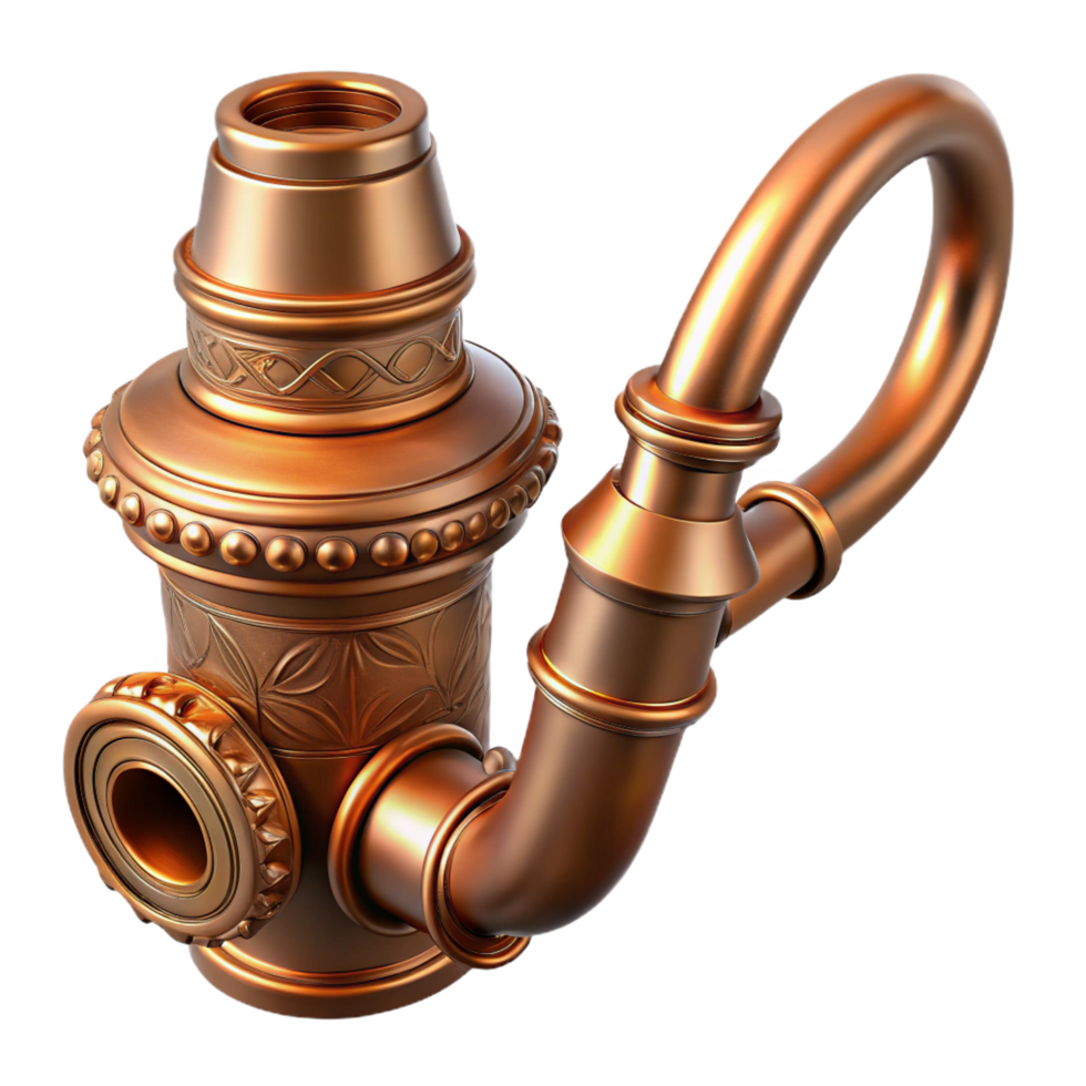 enchanting minimalist Copper steampunk pipe with ornate carvings and a long stem with Transparent Background gallery standard png