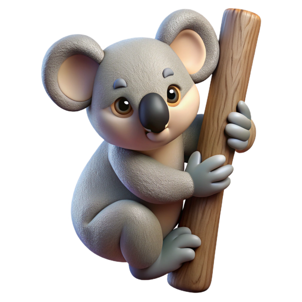 fascinating bold renaissance Ultra-detailed professional render of a single koala, clinging to a tree trunk trunk cropped out, isolated cutout, with Transparent Background 8K png