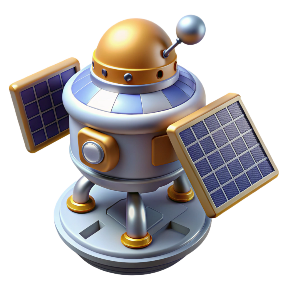 fascinating energetic retro Hyper-specific, professional render, isolated cutout of a single, stylized, robotic space probe with extended solar panels with Transparent Background professional png