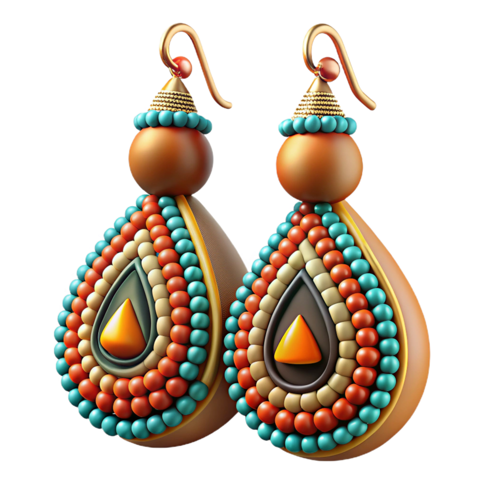breathtaking acclaimed Ultra-detailed, photorealistic, isolated cutout, tribal woman's beaded earrings, intricate patterns, colorful beads with Transparent Background png