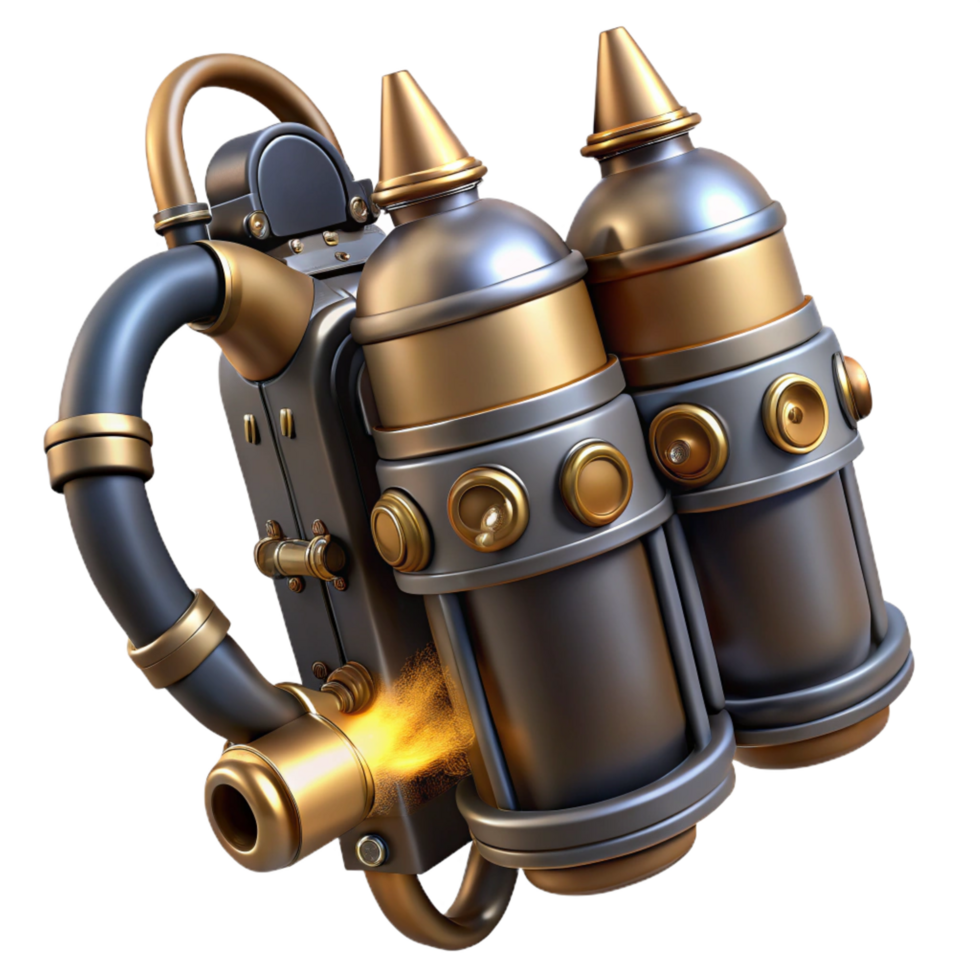 spectacular nordic Steampunk jetpack with brass nozzles and steam vents with Transparent Background expertly shot png