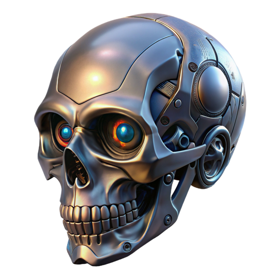 spectacular harmonious elegant Ultra-detailed isolated cutout of a biomechanical skull, intricate engravings, glowing eyes, metallic jaw, with Transparent Background original png
