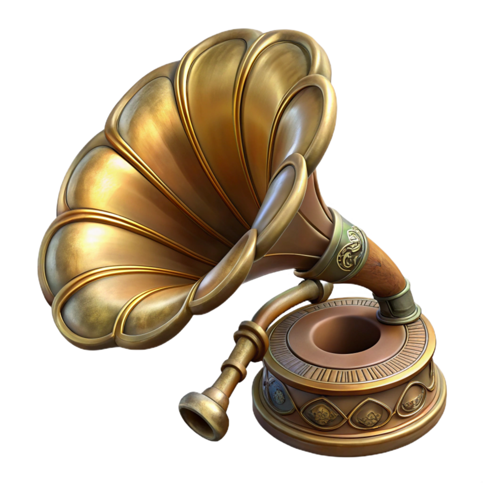 tranquil wonderful Steampunk gramophone horn with ornate carvings and a brass finish with Transparent Background detailed png
