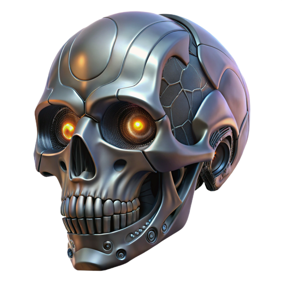 enchanting unforgettable Ultra-detailed isolated cutout of a biomechanical skull, intricate engravings, glowing eyes, metallic jaw, with Transparent Background png