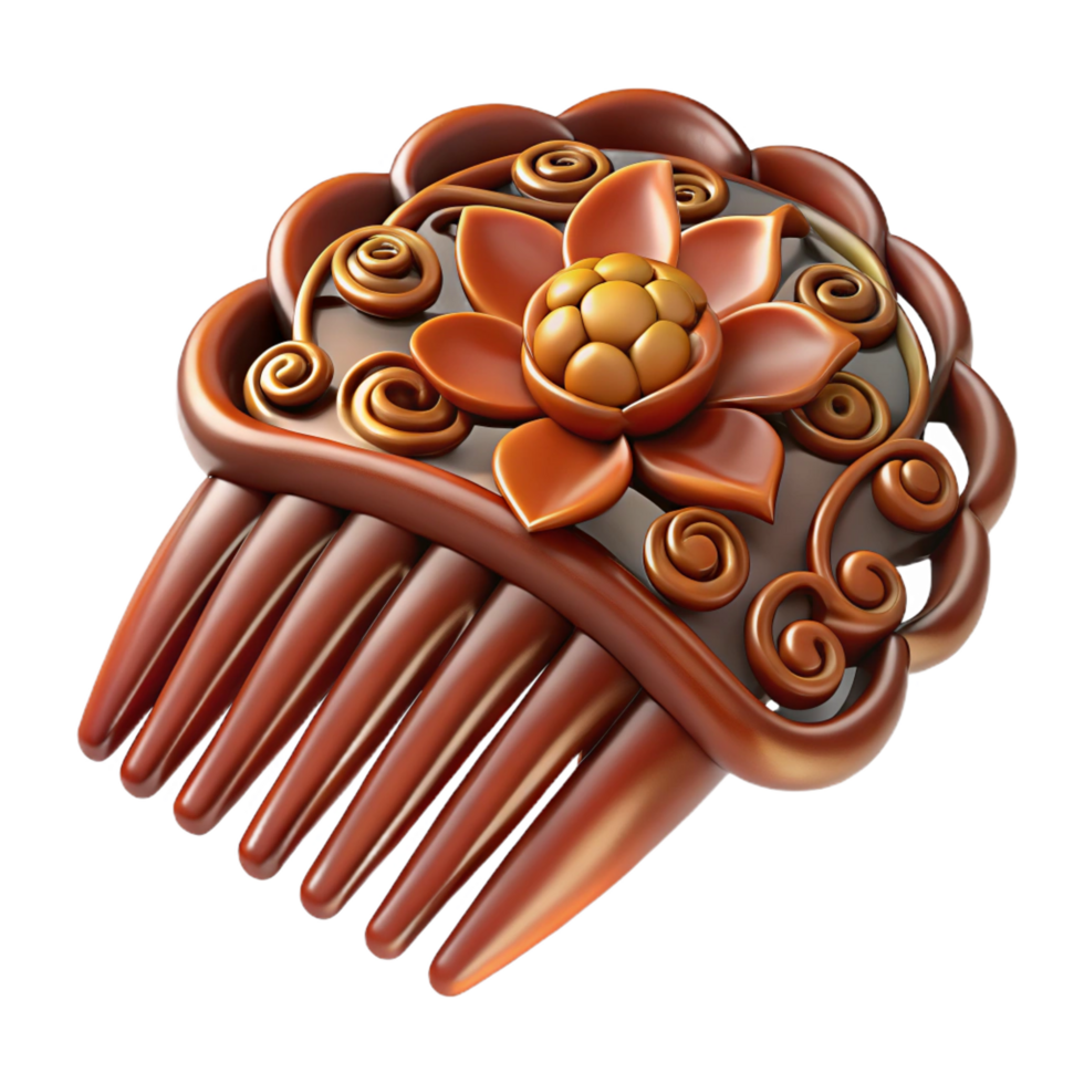 notable rustic Isolated cutout, hyper-specific, concept art style of an Art Nouveau hair comb, tortoise shell material, intricate floral carving with Transparent Background museum quality png