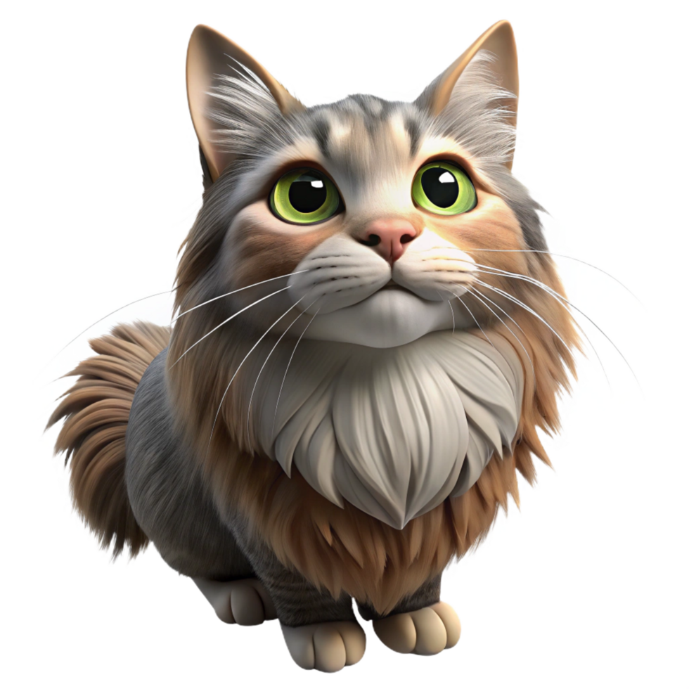 serene coastal Maine cat, fluffy, looking up, with Transparent Background handcrafted png