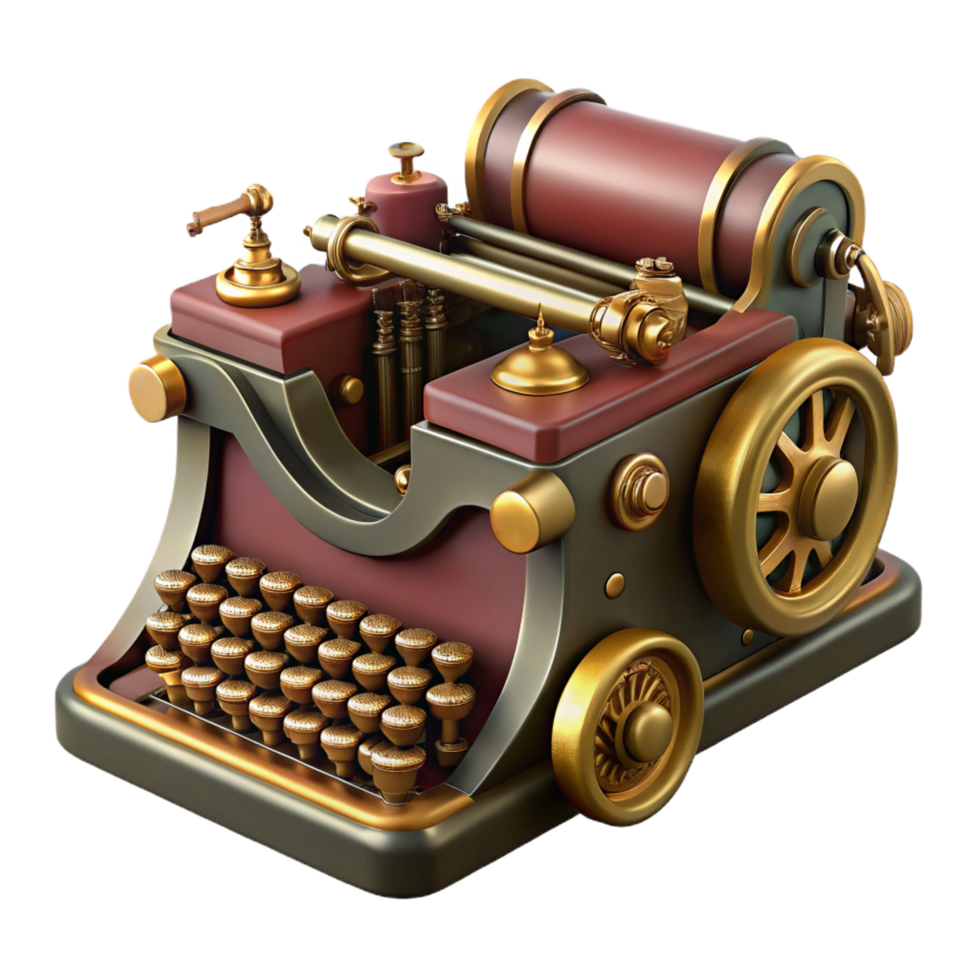 exemplary urban Steampunk typewriter with ornate keys and a brass carriage with Transparent Background 8K png