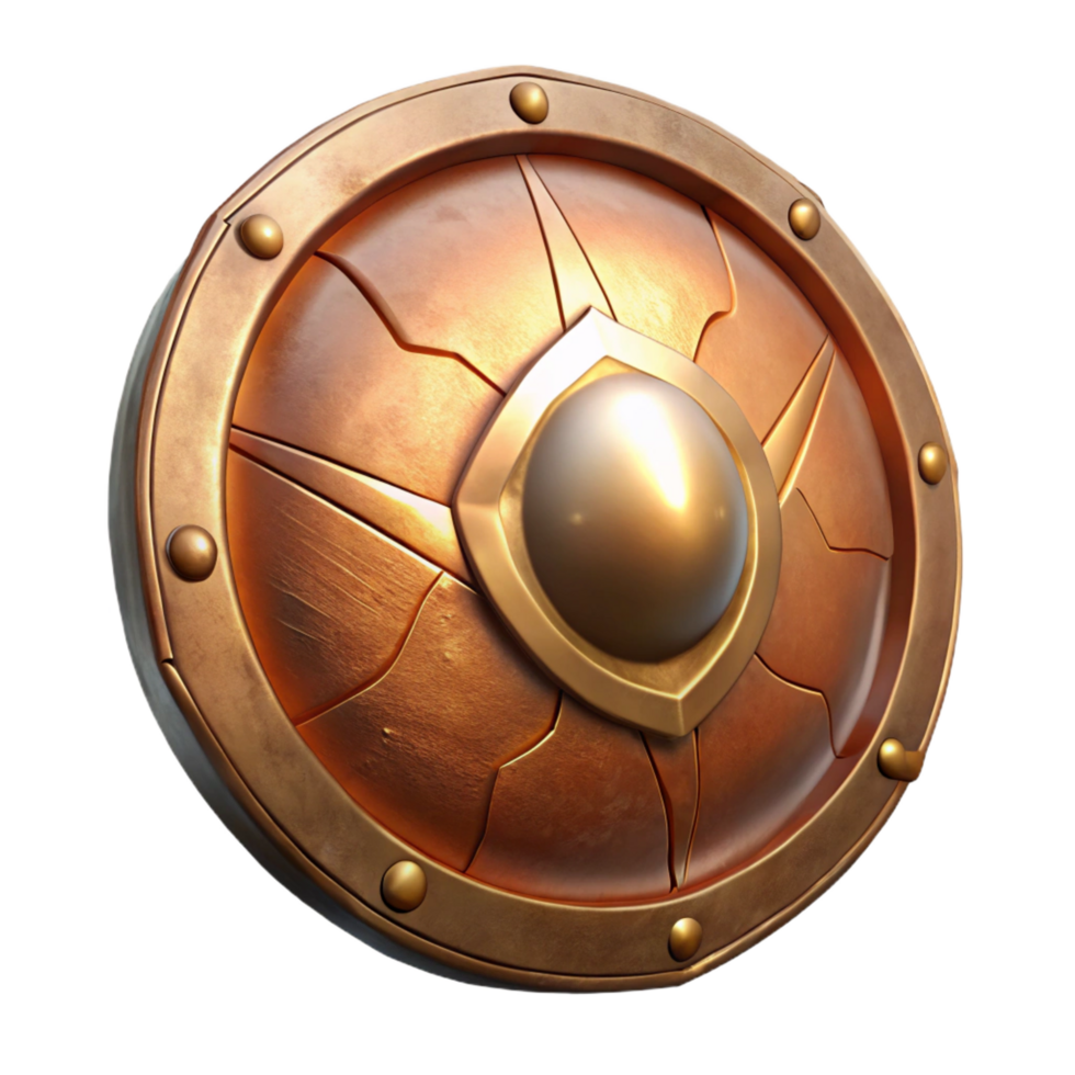 stunning energetic retro Hyper-specific, isolated cutout Photorealistic render Single Ares's Shield, bronze, battle-worn scratches with Transparent Background original png