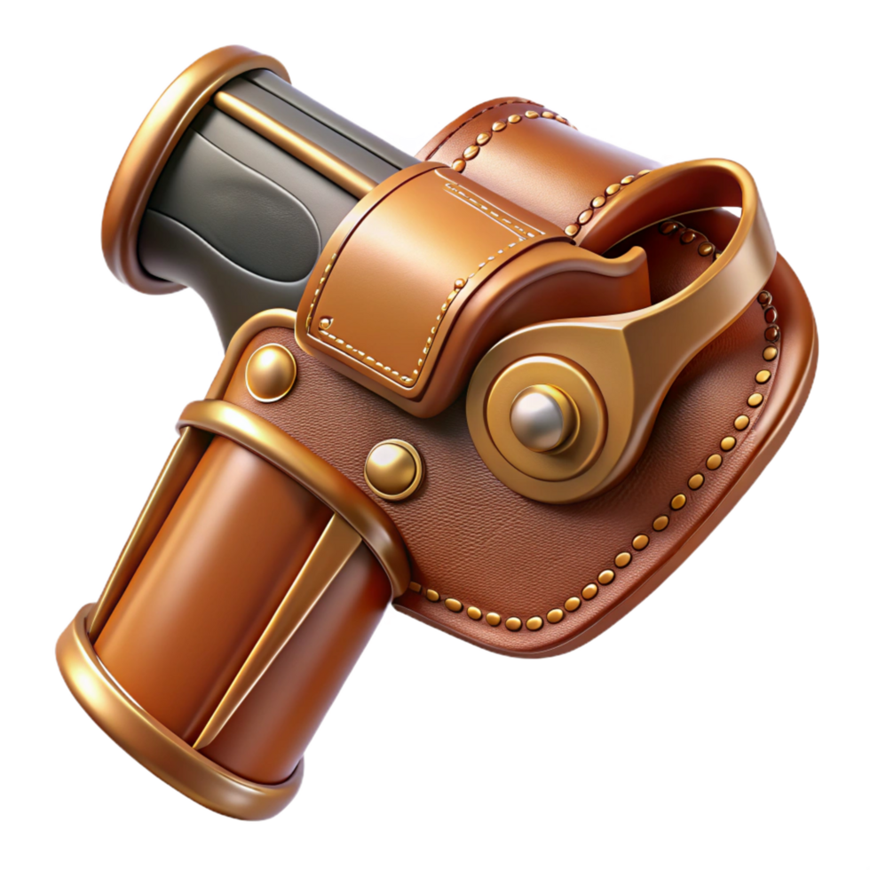 pristine avant-garde Photorealistic, isolated cutout of an ultra-detailed ray gun holster made of tooled leather and polished brass with Transparent Background sharp png