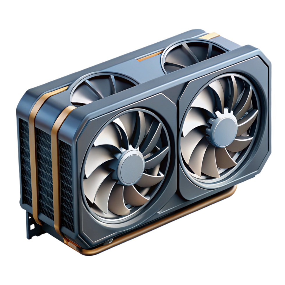 romantic stunning Ultra-detailed professional render of a single modern graphics card with multiple cooling fans, isolated cutout with Transparent Background expertly shot png
