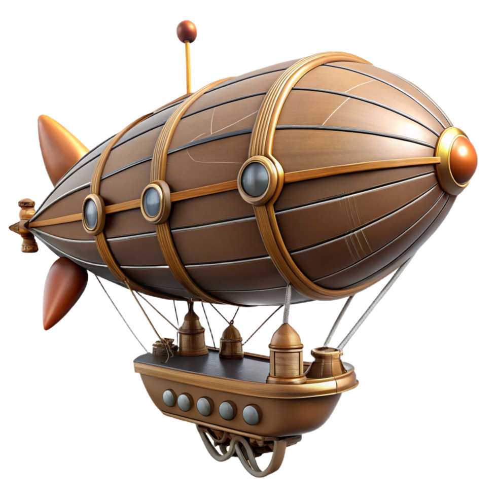 magnificent nostalgic futuristic Steampunk zeppelin miniature with detailed gondolas and propellers with Transparent Background expertly shot png