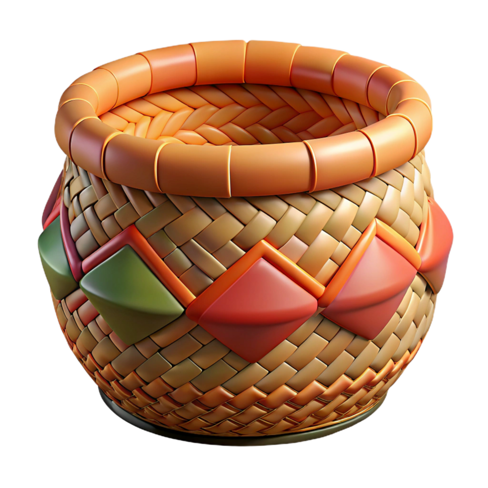 wonderful industrial Hyper-specific professional render of an intricately woven tribal basket with dyed reeds and geometric patterns with Transparent Background precision png