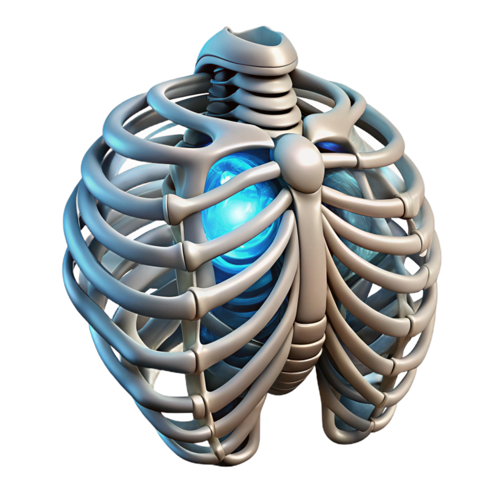 mesmerizing unforgettable Concept art style biomechanical ribcage, polished bone and steel, intricate filigree, glowing energy source, isolated cutout with Transparent Background png