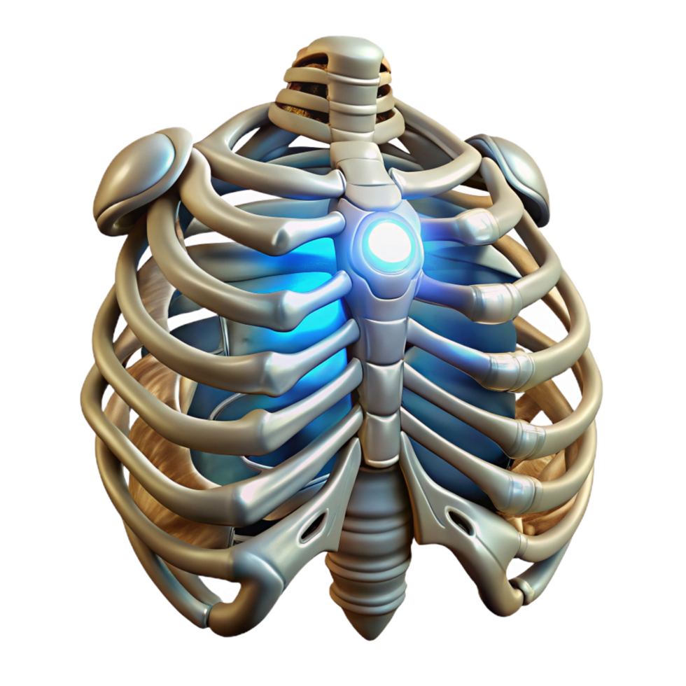 impressive signature Concept art style biomechanical ribcage, polished bone and steel, intricate filigree, glowing energy source, isolated cutout with Transparent Background png