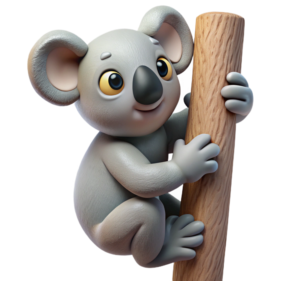 glorious unparalleled Ultra-detailed professional render of a single koala, clinging to a tree trunk trunk cropped out, isolated cutout, with Transparent Background png