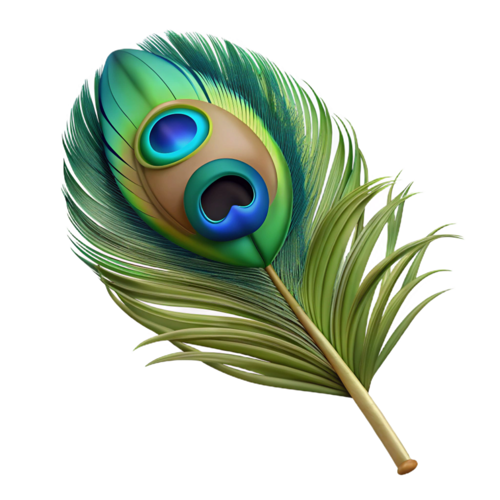 calm picturesque Hyper-specific professional render of a single photorealistic feather, peacock feather, isolated cutout with Transparent Background crisp png