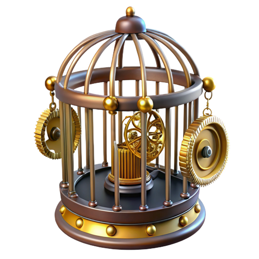 extraordinary industrial Steampunk birdcage with ornate bars and a clockwork mechanism with Transparent Background professional png