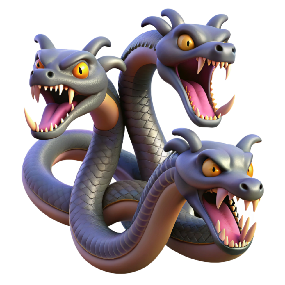 dazzling retro Hydra, multi-headed serpent, venomous fangs, with Transparent Background premium png