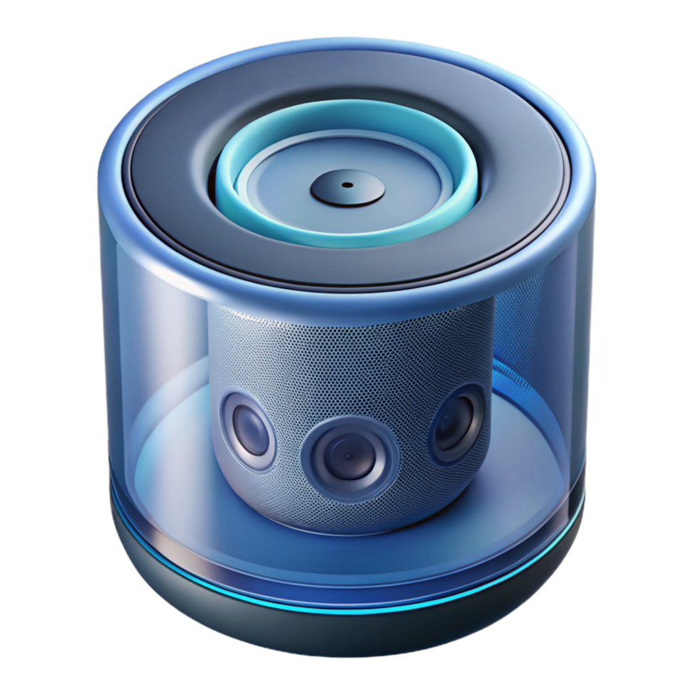 extraordinary remarkable Photorealistic, hyper-specific, isolated cutout of a single, transparent smart speaker with visible internal components with Transparent Background png