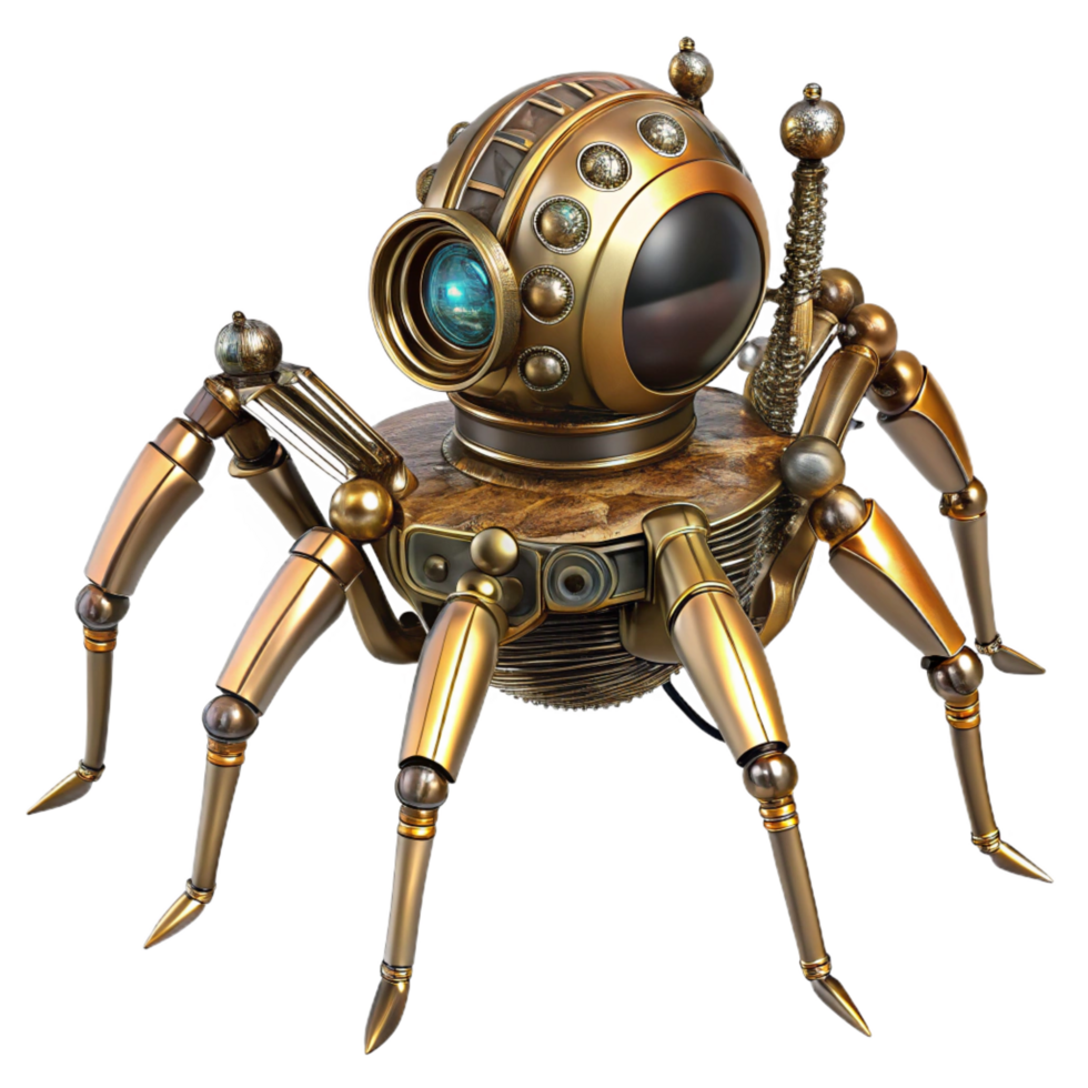 nostalgic sumptuous Ultra-detailed, professional render of a steampunk clockwork spider with articulated legs and a brass body Isolated cutout with Transparent Background flawless png