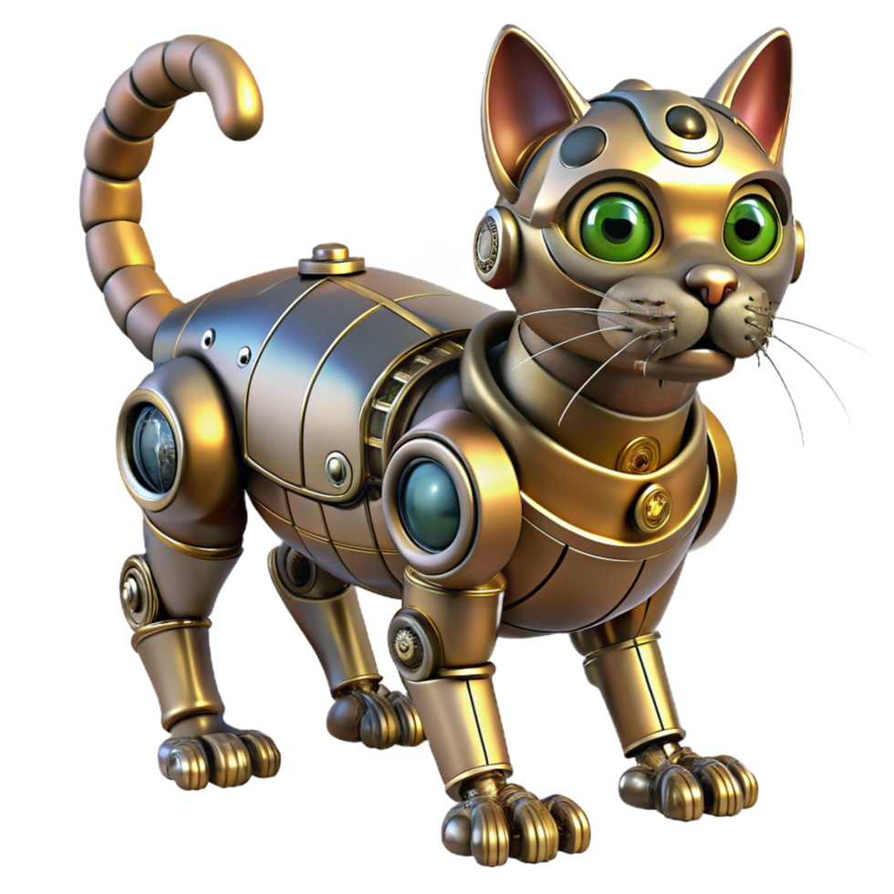 calm fascinating Steampunk robotic cat, intricate design, isolated with Transparent Background precision png