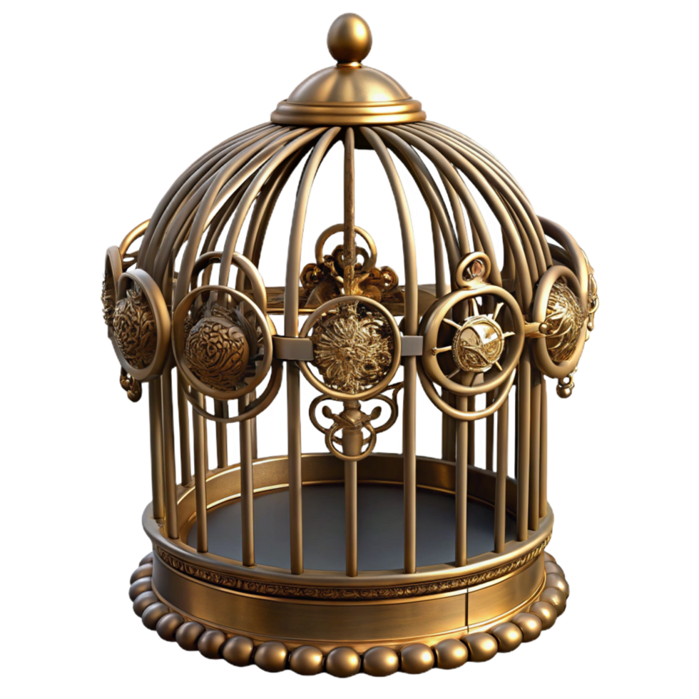 fascinating dramatic surreal Steampunk birdcage with ornate brass bars and intricate details with Transparent Background exclusive png