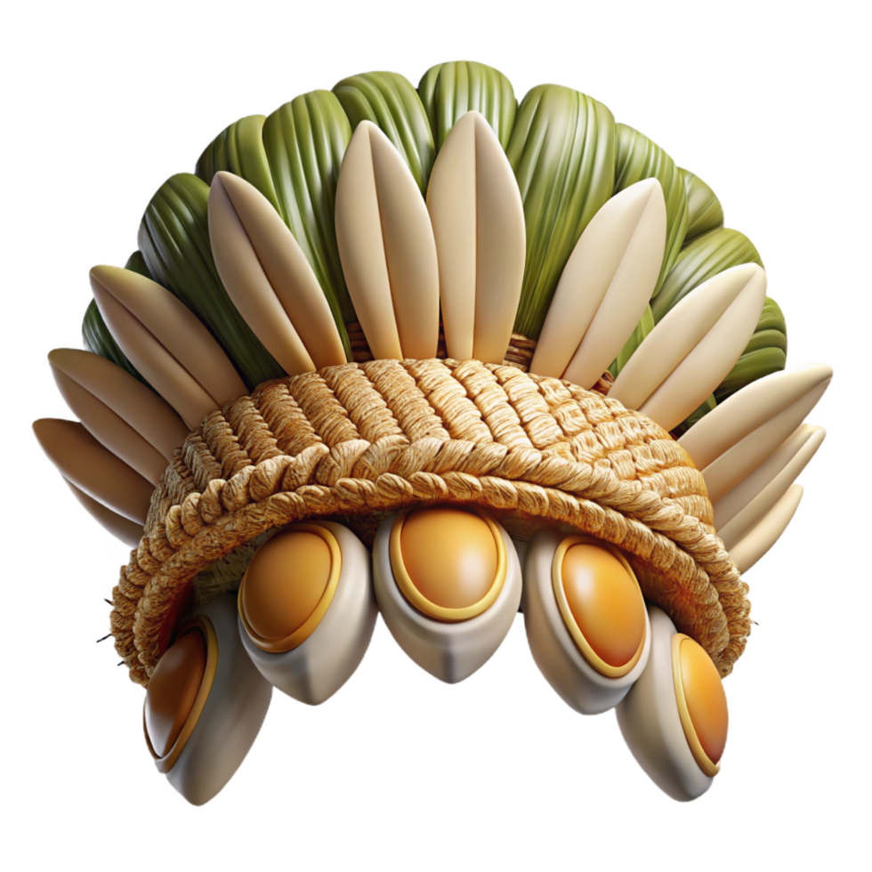 memorable impressionist Photorealistic, ultra-detailed isolated cutout of a tribal headdress made of woven plant fibers and adorned with shells with Transparent Background expertly shot png