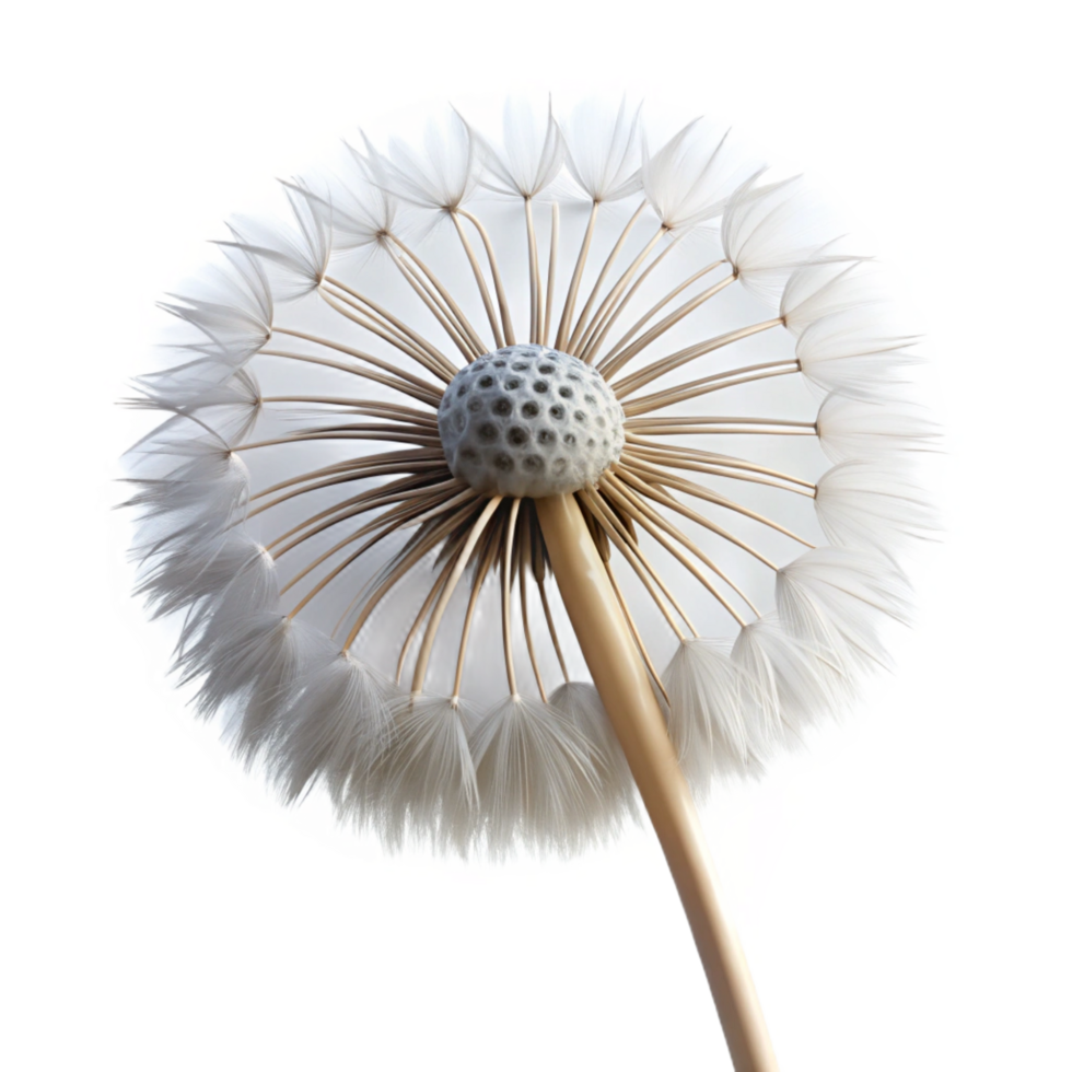 immaculate playful industrial Photorealistic, hyper-specific isolated cutout of a dandelion seed head with delicate, wispy parachutes with Transparent Background studio quality png