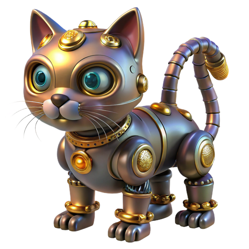 wonderful signature Steampunk robotic cat with glowing eyes and intricate gears with Transparent Background png