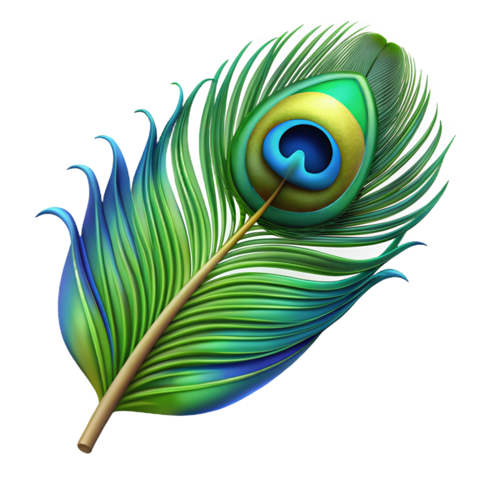 timeless mid-century Photorealistic professional render, isolated cutout of a single, vibrant peacock feather, hyper-specific with Transparent Background studio quality png
