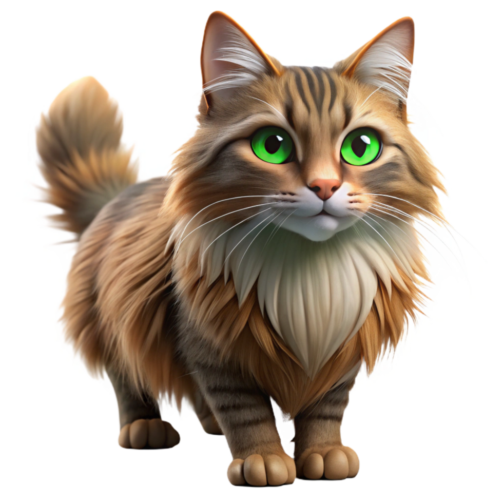 pristine urban Maine cat, fluffy, long fur, green eyes with Transparent Background refined png