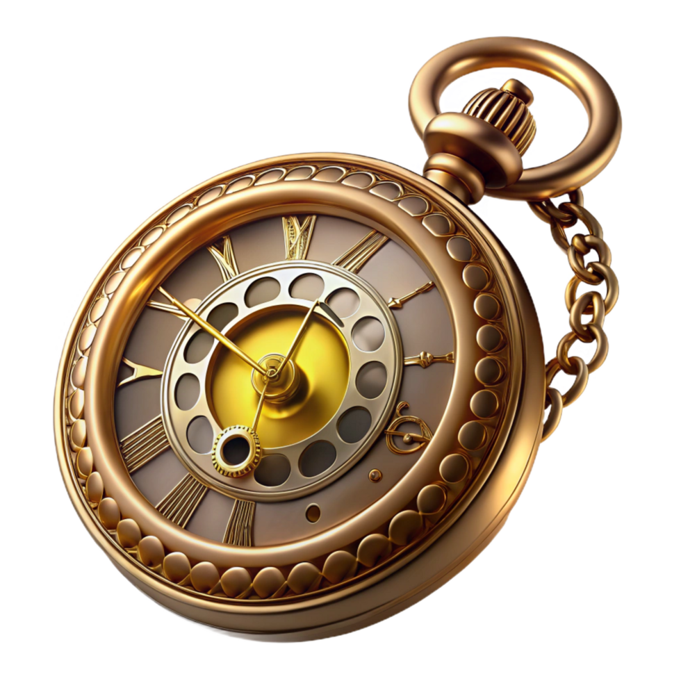 wonderful playful avant-garde Steampunk pocket watch with Roman numerals and a filigree cover with Transparent Background high resolution png