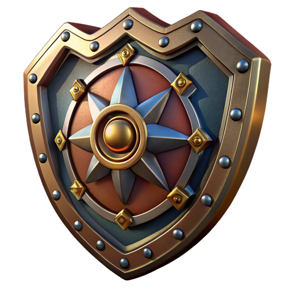 coveted surreal Steampunk shield with intricate metalwork and a brass emblem with Transparent Background genuine png