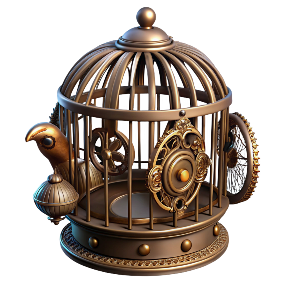 radiant creative Steampunk birdcage with intricate metalwork and a clockwork bird with Transparent Background museum quality png