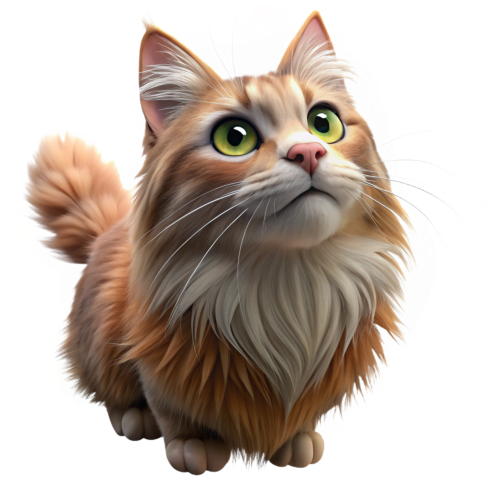 alluring passionate coastal Maine cat, fluffy, looking up, with Transparent Background handcrafted png