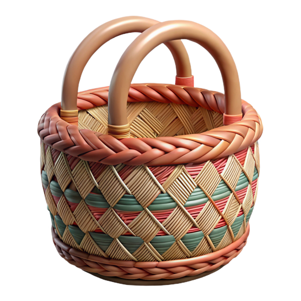 stunning inspired Hyper-specific professional render of an intricately woven tribal basket with dyed reeds and geometric patterns with Transparent Background png