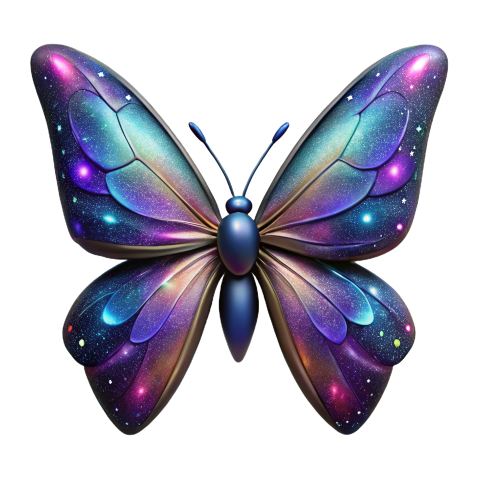 captivating memorable Ultra-detailed, photorealistic render, isolated cutout of a single, iridescent, cosmic butterfly with galaxy-patterned wings with Transparent Background png