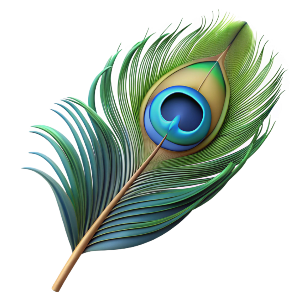 dramatic dynamic renaissance Hyper-specific professional render of a single photorealistic feather, peacock feather, isolated cutout with Transparent Background crisp png