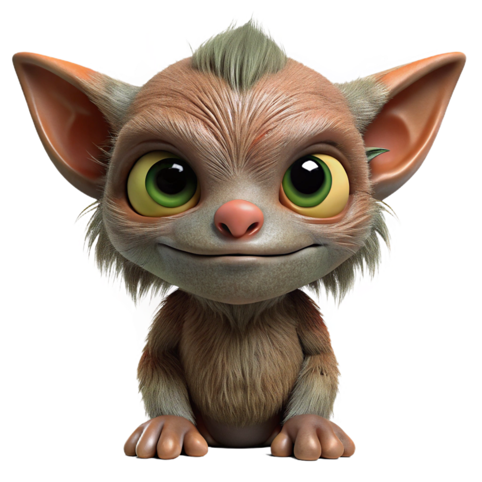 breathtaking whimsical mid-century A small, furry goblin with pointed ears, with Transparent Background top-tier png