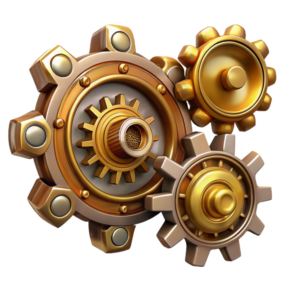 pristine urban Steampunk decorative gear set with various sizes and brass finishes with Transparent Background ultra HD png