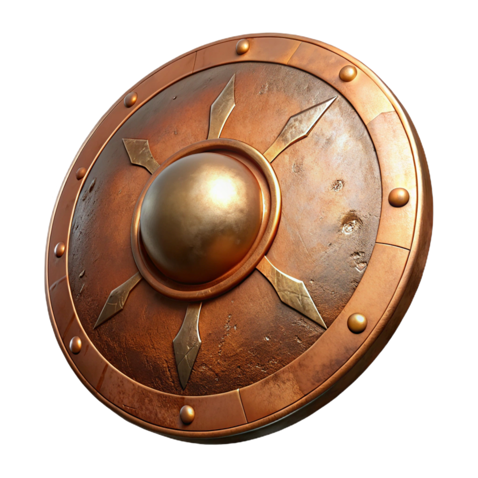 intense gorgeous Hyper-specific, isolated cutout Photorealistic render Single Ares's Shield, bronze, battle-worn scratches with Transparent Background 4K png