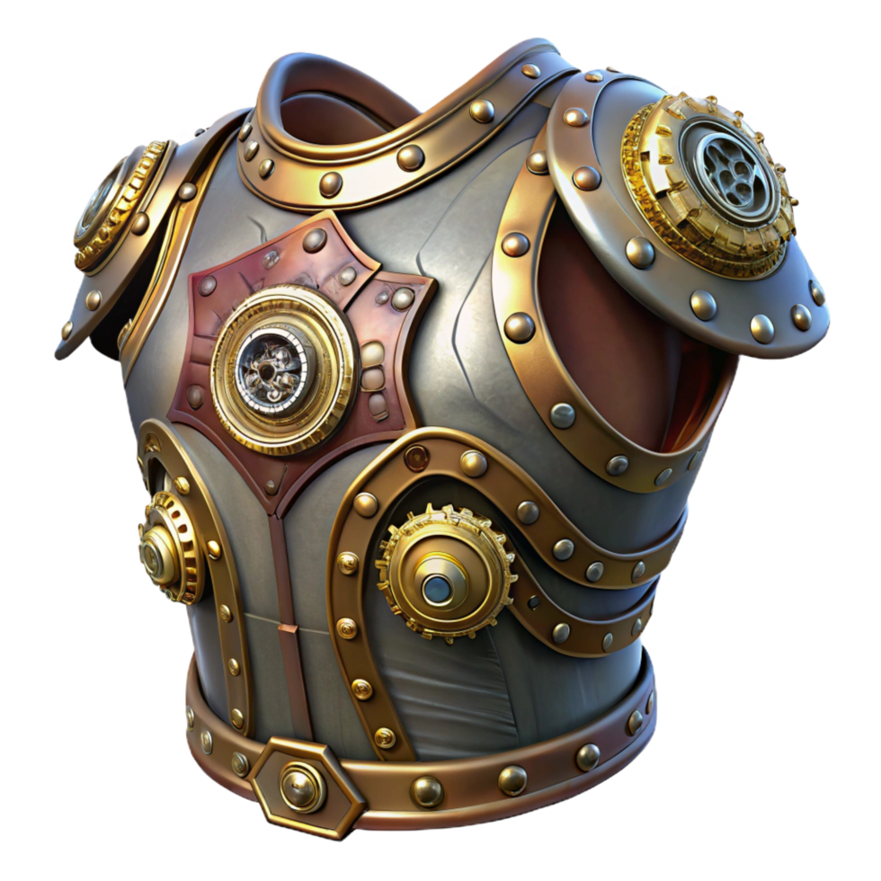 beautiful memorable Steampunk armor breastplate with intricate gears and metallic plating with Transparent Background png