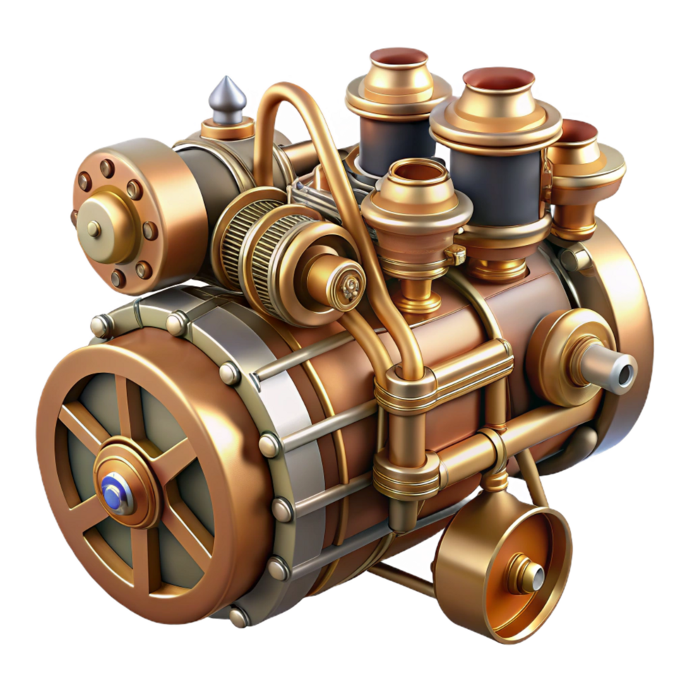 tranquil extraordinary Steampunk airship engine with pistons, gears, and copper pipes with Transparent Background sharp png