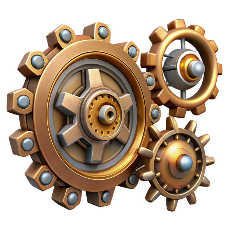 immaculate harmonious baroque Steampunk gear set with various sizes and intricate details with Transparent Background sharp png